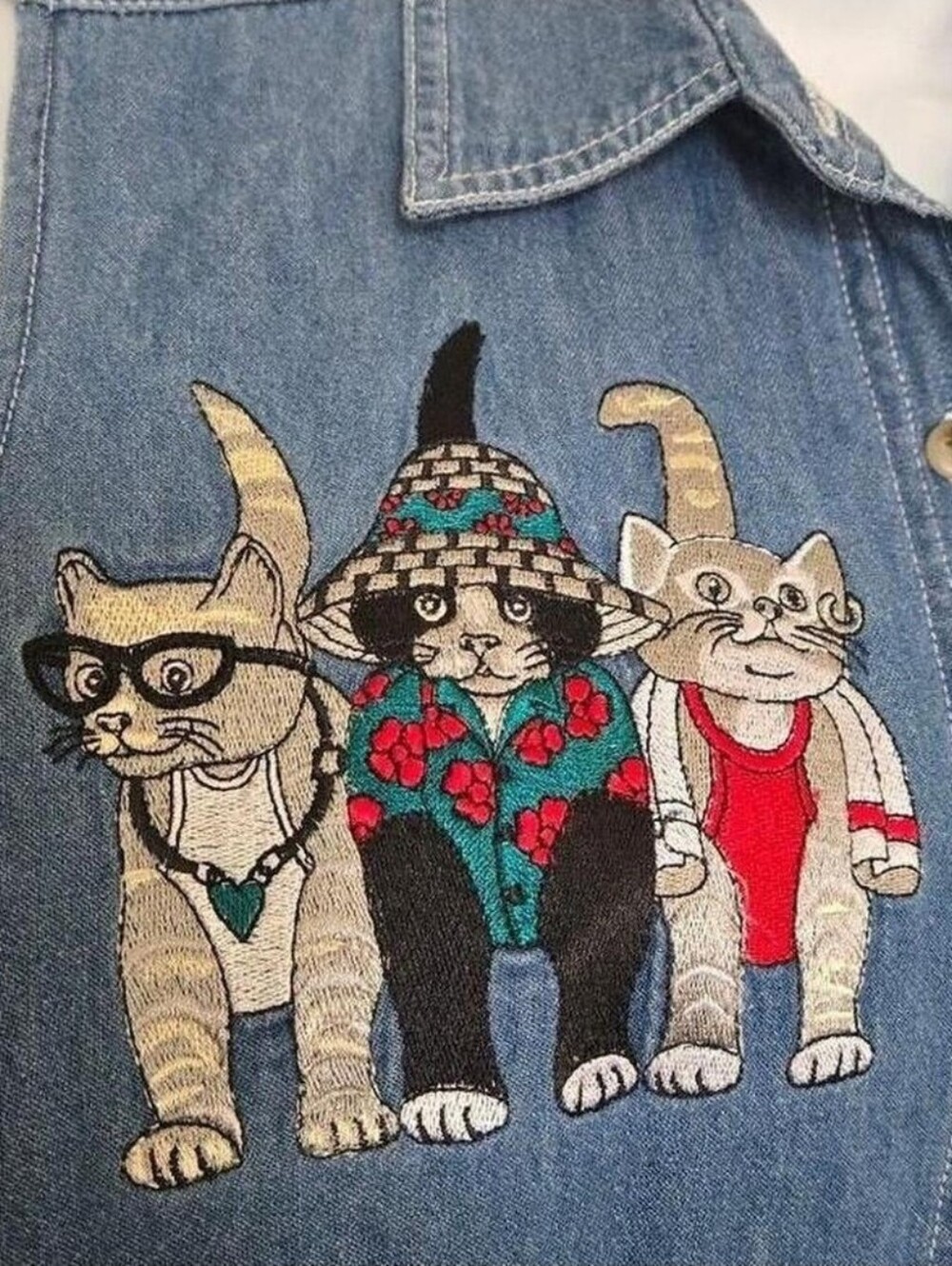Vintage 90s Cat Lady Embroidered Denim Button Down Cotton Shirt Large Retro Art - Picture 6 of 8
